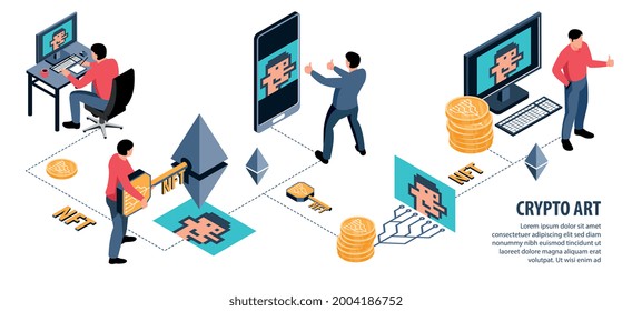 Isometric nft infographics with editable text and flowchart with people selling token to painting for cryptocurrency vector illustration