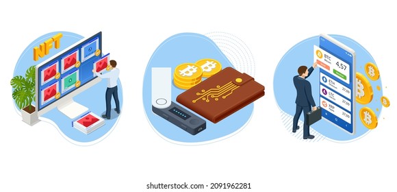 Isometric NFT Non-Fungible Token. Virtual art and galleries using blockchain technology concept. NFT cryptoart and blockchain