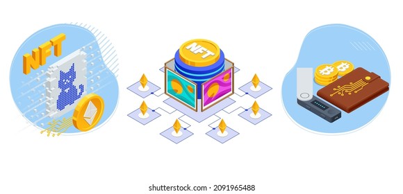 Isometric NFT Non-Fungible Token. Virtual art and galleries using blockchain technology concept. NFT cryptoart and blockchain