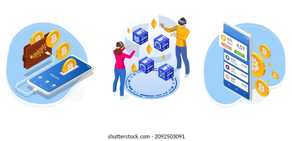 Isometric NFT Non-Fungible Token. Virtual art and galleries using blockchain technology concept. NFT cryptoart and blockchain