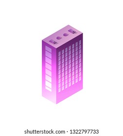 Isometric night building skyscraper house city concept of violet style, an ultraviolet 3d modern design of urban street town. Vector illustration of modern business background