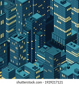 Isometric night city centre, cityscape, city skyline. Vector illustration in flat design.