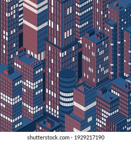 Isometric night city centre, cityscape, city skyline. Vector illustration in flat design.