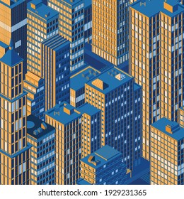 Isometric night city centre, cityscape, city skyline. Vector illustration in flat design.