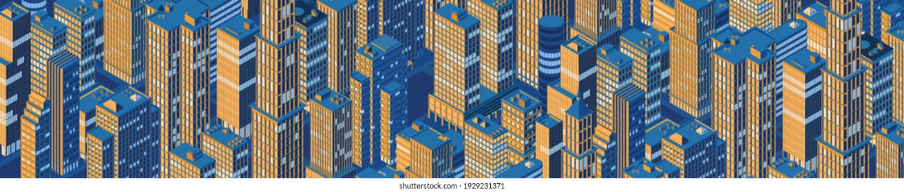 Isometric night city centre, cityscape, city skyline. Vector illustration in flat design.