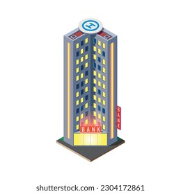 Isometric night city composition with isolated view of building with glowing windows on blank background vector illustration