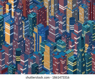 Isometric night city skyline. Vector illustration in flat design.