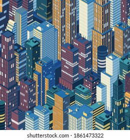 Isometric night city skyline. Vector illustration in flat design.