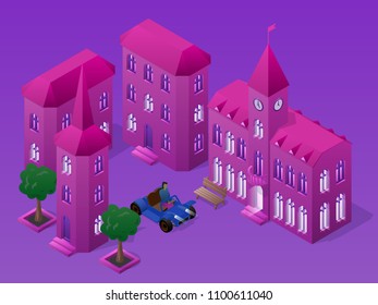 Isometric night cityscape with buildings, car, bench and trees.