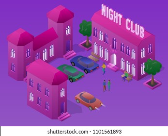 Isometric night club party with buildings, cars, people, benches and trees.