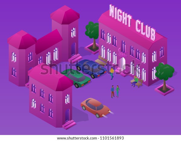 Isometric night club party with buildings, cars,\
people, benches and\
trees.