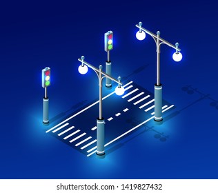 Isometric night light lighting ultra city concept of lanterns, an ultraviolet 3d modern design of urban street lamps. Vector illustration of modern business background.