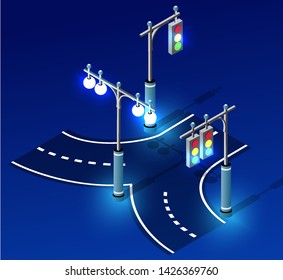 Isometric night light lighting ultra city concept of lanterns, an ultraviolet modern design of urban street lamps. Vector illustration of modern business background.
