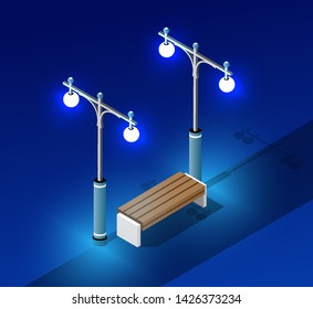 Isometric night light lighting ultra city concept landscape city with bench and lanterns