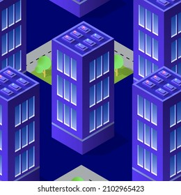 Isometric night quarter of the city with houses and streets