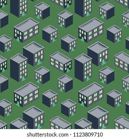 Isometric night town view seamless cartoon flat vector pattern. Dark green houses background.