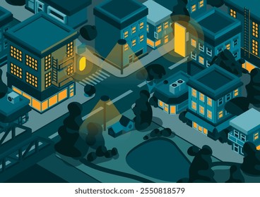 
An isometric nighttime town with glowing windows, streetlights, and a starry blue sky. Golden light reflects on streets and sidewalks, softly illuminating trees and parks, creating a warm, serene atm