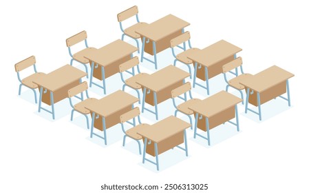 Isometric nine school desk tables and chairs. Vector illustration. Objects isolated on white background. Classroom.