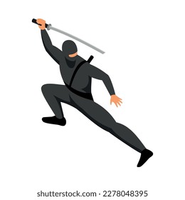 Isometric ninja pose with katana 3d vector illustration