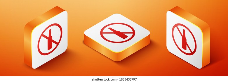 Isometrisch Keine Alkoholsymbol einzeln auf orangefarbenem Hintergrund. Verbot von Alkoholgetränken. Verbotenes Symbol mit Bierflaschenglas. Orangefarbene Quadrat-Taste. Vektorgrafik.