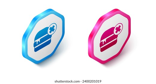 Isometric No burger icon isolated on white background. Hamburger icon. Cheeseburger sandwich sign. Fast food menu. Hexagon button. Vector