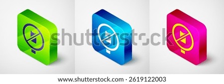 Isometric No cell phone icon isolated on grey background. No talking and calling sign. Cell prohibition. Square button. Vector