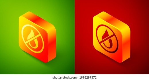 Isometric No fire icon isolated on green and red background. Fire prohibition and forbidden. Square button. Vector