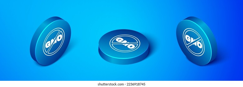 Isometric No GMO icon isolated on blue background. Genetically modified organism acronym. Dna food modification. Blue circle button. Vector