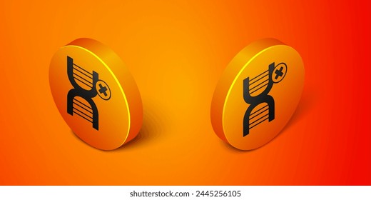 Isometric No GMO icon isolated on orange background. Genetically modified organism acronym. Dna food modification. Orange circle button. Vector