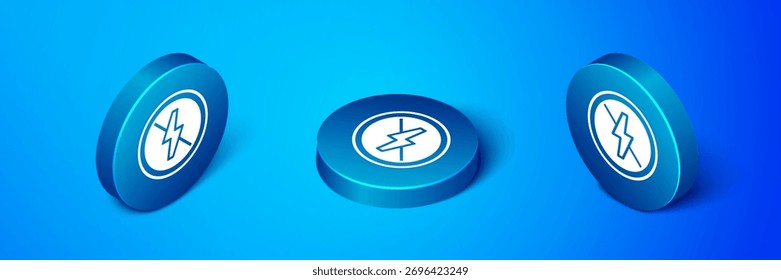 Isometric No lightning icon isolated on blue background. No electricity. Blue circle button. Vector
