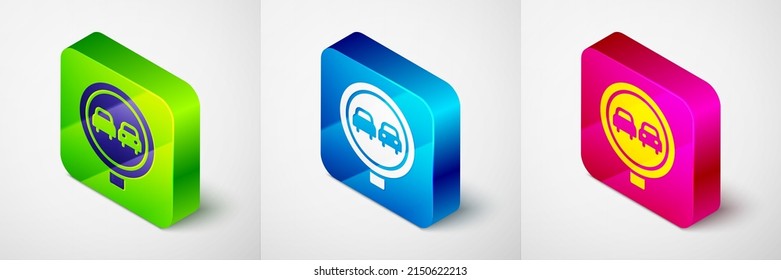 Isometric No overging road icon aislado en el fondo gris. Reglas de tráfico y conducción segura. Botón cuadrado. Vector