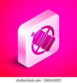 Isometric No plastic bottle icon isolated on pink background. Silver square button. Vector Illustration