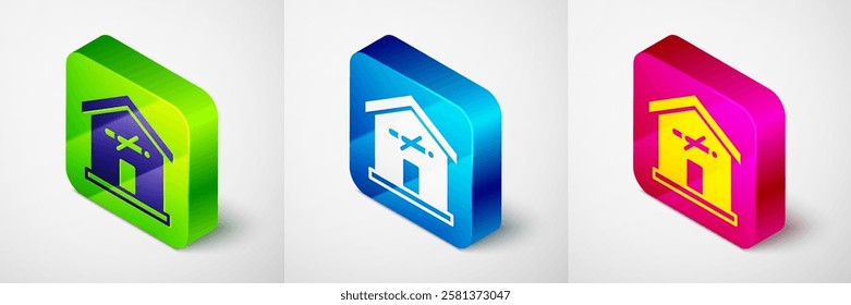 Isometric No smoking at home icon isolated on grey background. Area no smoking house. Square button. Vector