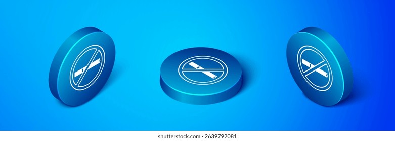 Isometric No smoking icon isolated on blue background. Cigarette smoking prohibited sign. Blue circle button. Vector