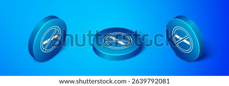Isometric No smoking icon isolated on blue background. Cigarette smoking prohibited sign. Blue circle button. Vector