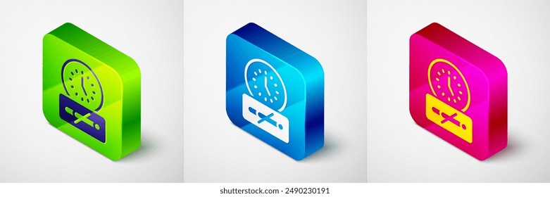 Isometric No smoking time icon isolated on grey background. Cigarette smoking prohibited sign. Square button. Vector