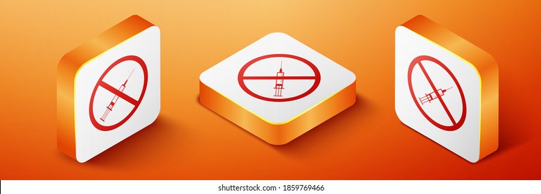 Isometric No vaccine icon isolated on orange background. No syringe sign. Vaccination, injection, vaccine, insulin concept. Orange square button. Vector.