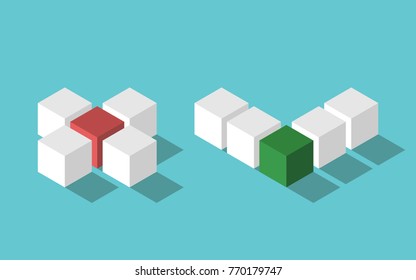 Isometric no and yes, cross and check mark assembled from colorful cubes on turquoise blue background. Choice, decision, right, wrong, test and voting concept. Flat design