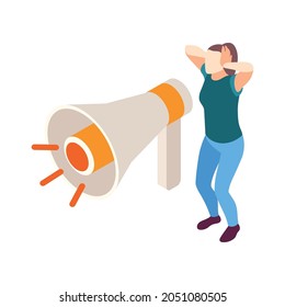 Isometric noise pollution concept with woman covering ears and loudspeaker 3d vector illustration