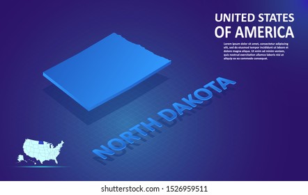 Isometric NORTH DAKOTA State map on blue and glowing background. 3D Detailed Map in perspective with place for your text or description.Technology Information Graphic Elements for Web, app, UI, Travel