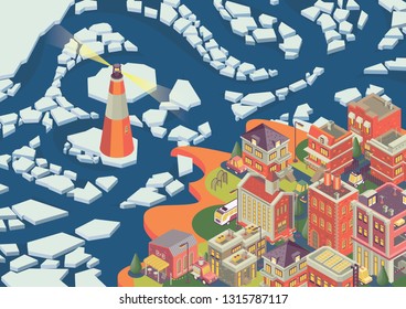 Isometric northern city on the vector poster. Detailed buildings and background.