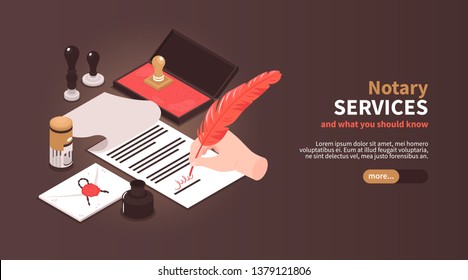 Isometric notary services horizontal banner with vintage workspace elements stamps and editable text with slider button vector illustration