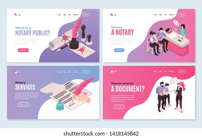 Isometric notary services horizontal banners collection with clickable links buttons and images of people and documents vector illustration svg