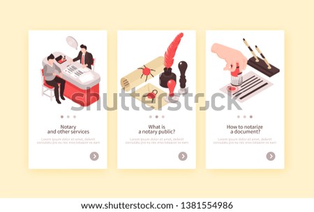 Isometric notary services vertical banners collection with three compositions of human characters vintage stamps and text vector illustration