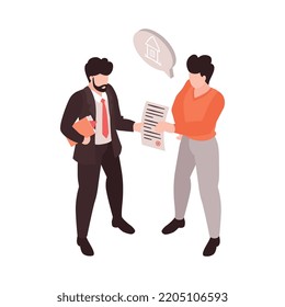 Isometric notary talking to client 3d vector illustration