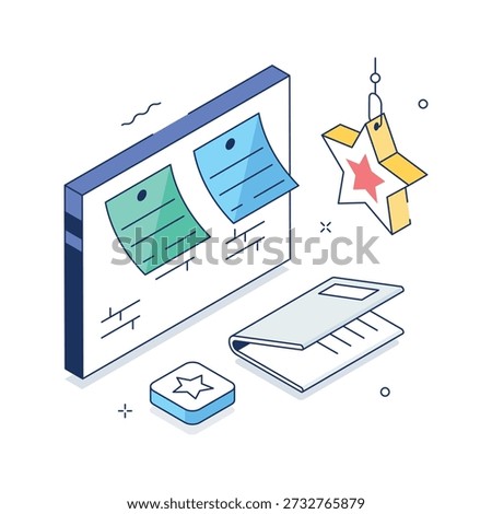 Isometric note board with stars and sticky notes for New Year wishes and goals