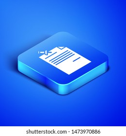 Isometric Note paper with pinned pushbutton icon isolated on blue background. Memo paper sign. Blue square button. Vector Illustration