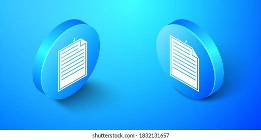 Isometric Note paper with pinned pushbutton icon isolated on blue background. Memo paper sign. Blue circle button. Vector.