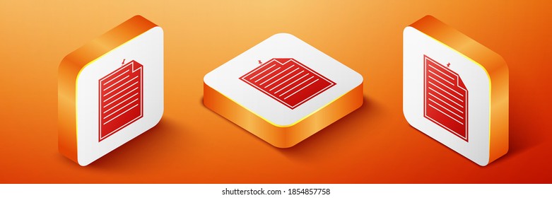 Isometrisches Merkzettel mit Druckknopfdruck Symbol einzeln auf orangefarbenem Hintergrund. Memo-Papierschild. Orangefarbene Quadrat-Taste. Vektorgrafik.