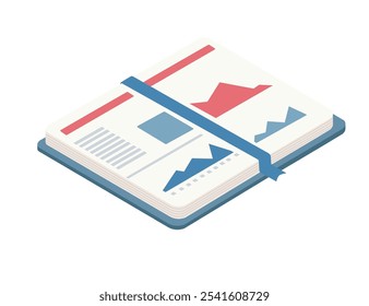 Isometric notebook with a blue ribbon bookmark and graph elements, research, information, and project management. Great for business and organizational visuals. Vector illustration isolated on white.